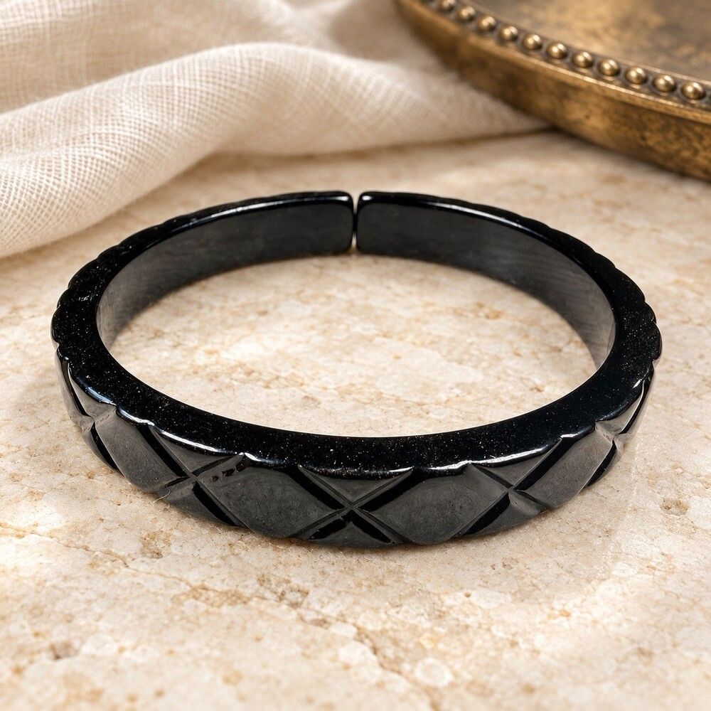 Vintage Black Cuff Bracelet Diamond Pattern Scalloped Edge Art Deco Style